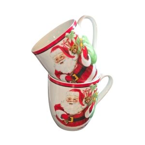 Fitz & Floyd Merry Christmas Santa White, Red & Green Coffee Cake Mugs‎ 2pc. Set